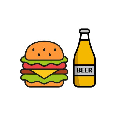 Temiz çizgiler ve minimalist estetiğe sahip gösterişli ve modern bir tasarımı olan bira içeceği ve hamburger yemek ikonu.,