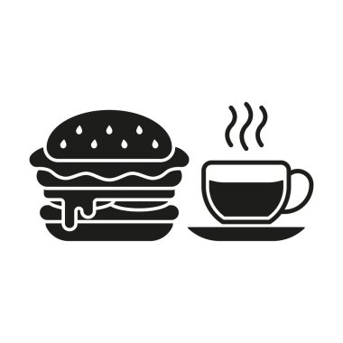 Temiz çizgiler ve minimalist estetiğe sahip gösterişli ve modern düz dizaynlı kahve bardağı içeceği ve hamburger yemek ikonu.