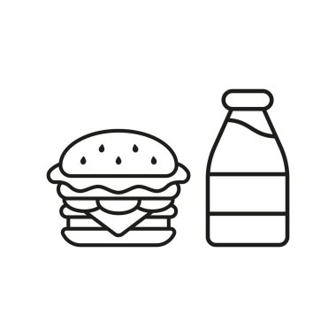 Süt şişesi içeceği ve hamburger yemek ikonu canlı renkler ve neşeli titreşimlerle dolu neşeli bir çizgi film tarzıyla resmedilmiş.