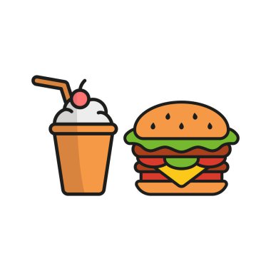 Milkshake içeceği ve hamburger yemek ikonu canlı renkler ve neşeli titreşimlerle dolu eğlenceli bir çizgi film tarzıyla resmedilmiş.