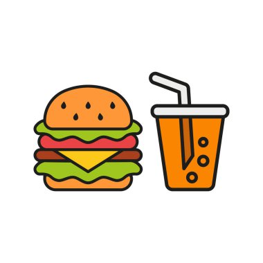 Gazoz ve hamburger yemek ikonu. Pürüzsüz ve modern düz çizgileri var.