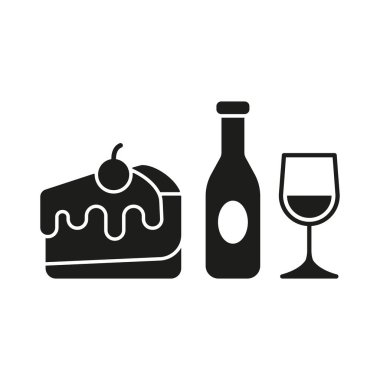 Şarap şişesi içeceği ve peynirli kek ikonu. Minimalist ama cezbedici bir tasarımı var. Restoranlar için markalaşmak için mükemmel.