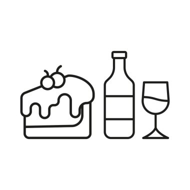 Şarap şişesi içeceği ve peynirli kek ikonu. Minimalist ama cezbedici bir tasarımı var. Restoranlar için markalaşmak için mükemmel.