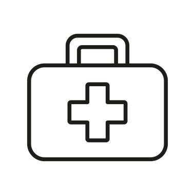 İlk yardım kiti simgesi, sağlık uygulamaları, güvenlik rehberleri ve acil durum hazırlığı görselleri için mükemmel olan çapraz sembollü tıbbi acil durum kutusunun temiz vektör ilülasyonudur..