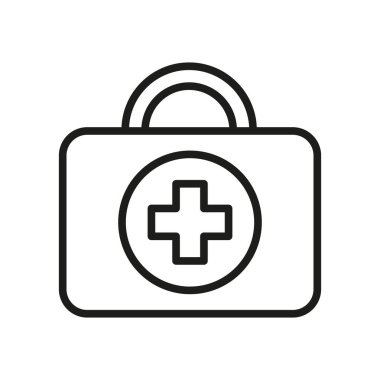 İlk yardım kiti simgesi, sağlık uygulamaları, güvenlik rehberleri ve acil durum hazırlığı görselleri için mükemmel olan çapraz sembollü tıbbi acil durum kutusunun temiz vektör ilülasyonudur..