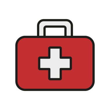 İlk yardım kiti simgesi, sağlık uygulamaları, güvenlik rehberleri ve acil durum hazırlığı görselleri için mükemmel olan çapraz sembollü tıbbi acil durum kutusunun temiz vektör ilülasyonudur..