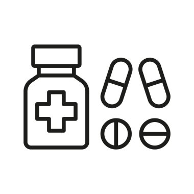 İlaç ikonu kapsül ve tabletin basit bir vektör illüstrasyonudur, ilaç, eczane ve sağlık hizmetleri uygulamalarını temsil etmek için mükemmeldir..