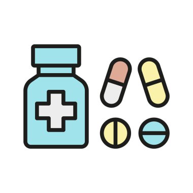 İlaç ikonu kapsül ve tabletin basit bir vektör illüstrasyonudur, ilaç, eczane ve sağlık hizmetleri uygulamalarını temsil etmek için mükemmeldir..