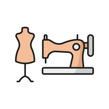 Manken ve dikiş makinesi terzisi ve moda ikonu kesinliği ve yaratıcılığı simgeler, terzilik, terzilik, dikiş ve moda tasarımı için mükemmeldir..
