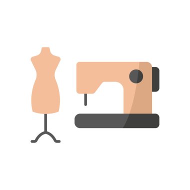 Manken ve dikiş makinesi terzisi ve moda ikonu kesinliği ve yaratıcılığı simgeler, terzilik, terzilik, dikiş ve moda tasarımı için mükemmeldir..