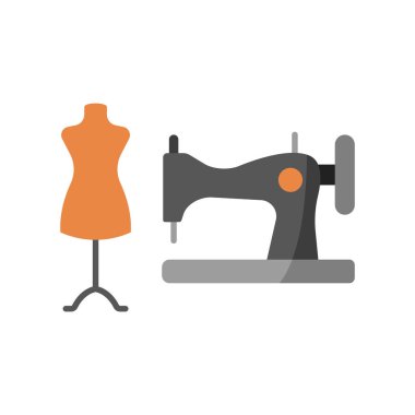Manken ve dikiş makinesi terzisi ve moda ikonu kesinliği ve yaratıcılığı simgeler, terzilik, terzilik, dikiş ve moda tasarımı için mükemmeldir..
