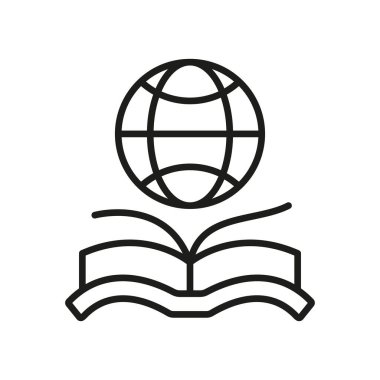 Dünya küresi ikonuna sahip kitap küresel okur yazarlığı, eğitimi ve dünya çapındaki kültürel keşfi sembolize eder.
