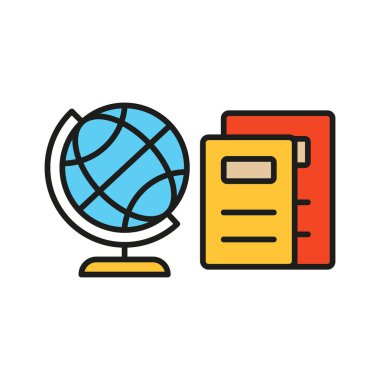 Dünya küresi ikonuna sahip kitap küresel okur yazarlığı, eğitimi ve dünya çapındaki kültürel keşfi sembolize eder.