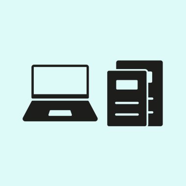 Dizüstü bilgisayar ve kitap seti simgesi harmanlanmış öğrenme, dijital çalışma ve modern eğitim ortamlarını sembolize eder. konsept