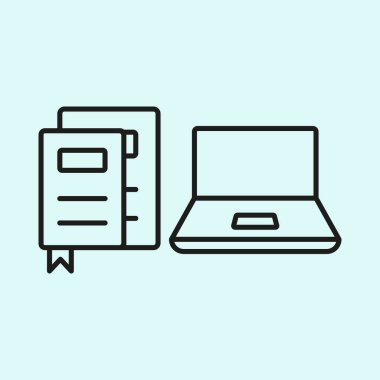 Yer imi simgesine sahip dizüstü bilgisayar ve kitap, odaklanmış öğrenme, dijital okuma ve modern eğitim araçları kavramını temsil etmektedir.