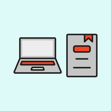 Yer imi simgesine sahip dizüstü bilgisayar ve kitap, odaklanmış öğrenme, dijital okuma ve modern eğitim araçları kavramını temsil etmektedir.