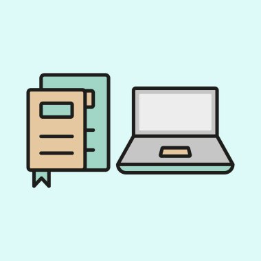 Yer imi simgesine sahip dizüstü bilgisayar ve kitap, odaklanmış öğrenme, dijital okuma ve modern eğitim araçları kavramını temsil etmektedir.