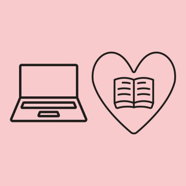 Dizüstü bilgisayar ve kitaplar kalp ikonu öğrenme, dijital eğitim ve bilgi kavramı tutkusunu sembolize eder