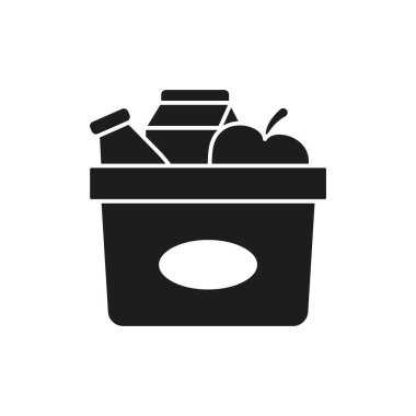 Bağışı, temel ihtiyaçları, desteği, hayır kurumunu ve yiyecek dağıtımını temsil eden ikon yiyecek sepeti veya market poşeti.