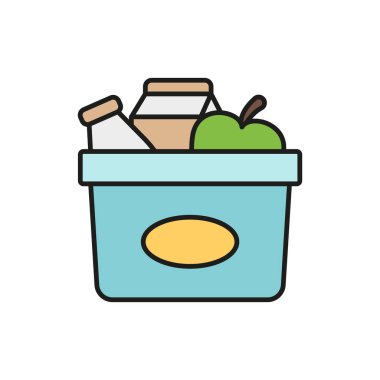 Bağışı, temel ihtiyaçları, desteği, hayır kurumunu ve yiyecek dağıtımını temsil eden ikon yiyecek sepeti veya market poşeti.