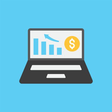 Para takibi, bütçe analizi ve finansal analiz için dijital araçları temsil eden finansal uygulama simgesine sahip dizüstü bilgisayar.