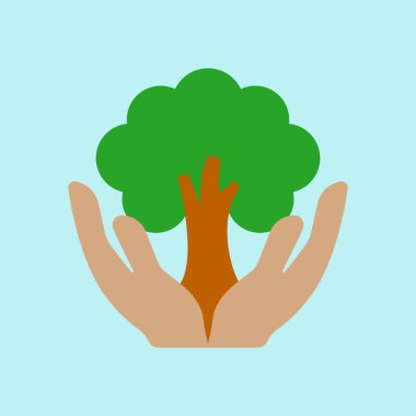 Büyümeyi, bakımı ve çevreyi korumayı sembolize eden küçük bir ağacı besleyen ellerin simgesi.
