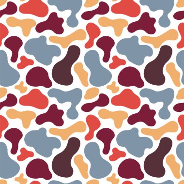 Soyut, pürüzsüz desen, beyaz arka planda gri, kahverengi, sarı ve kırmızı lekeli hayvan derisi taklidi. Vektör çizimi. Paketleme, arka plan, tekstil için.   