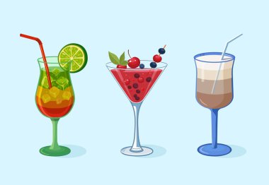 Pipet ve buzlu yaz içkileri. Limonata, martini ve buzlu kahve. Açık mavi arkaplanda vektör çizimi. Bar / kafe teması için, menü tasarımı.