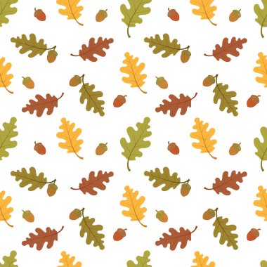 Sonbahar meşe yaprakları ve meşe palamudunun kusursuz deseni. Mevsimlik sıcak renkler. Beyaz arkaplan üzerine vektör illüstrasyonu. Kartpostal dekoru, ambalaj kağıdı, kırtasiye, hatıra defteri, tekstil için.