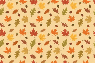 Sonbahar akçaağaç yaprakları ve meşe palamutlarının kusursuz deseni. Paketleme, hediye kağıdı, arka plan, pankart, tekstil için. Sarı, kahverengi, zeytin, terakota tonlarında sarı arkaplanda vektör illüstrasyonu.