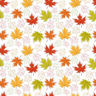 Sonbahar akçaağaç yapraklarının kusursuz deseni. Mevsimlik sarı, turuncu, kırmızı tonlar. Beyaz arkaplan üzerine vektör illüstrasyonu. Kartpostal dekoru, ambalaj kağıdı, kırtasiye, hatıra defteri, tekstil için.