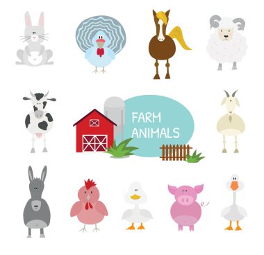 Çizgi film vektör çizimleri, düz dizayn çiftlik hayvanları. Sevimli ve komik..