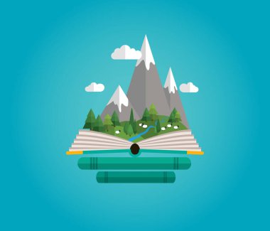 Peri masalı. Açık kitap. Kitapçı. Dağlara yolculuk. Dağlar manzarası