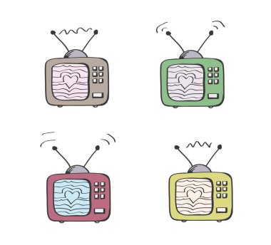 Televizyona bayılırım. Birkaç farklı renkte eski bir televizyon.