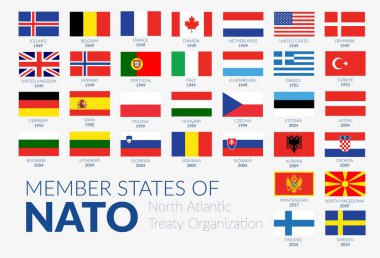 NATO 'nun 30 üye ülkesinin bayraklarını gri arka planda ve üyelik tarihleriyle dikdörtgen yap. Üyelik yılına göre sıralanır.