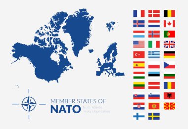 Katılım yılına göre hazırlanmış tüm bayraklarla NATO (Kuzey Atlantik Antlaşması Örgütü) üye ülkeleri. Vektör illüstrasyonu.