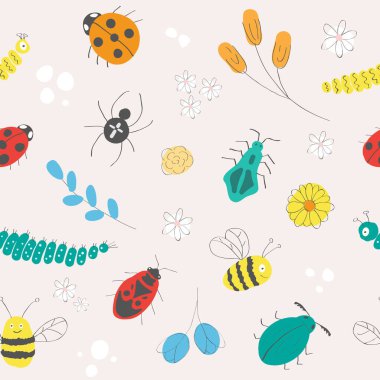 Pastel renklerde çiçekler ve böcekler çizilmiş kusursuz el deseni. Bahar, yaz tekrarlanabilir şablon, çocuk dostu 