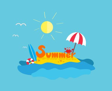 Tatlı adasında yaz tabelası. düz dizayn. Yengeç, yaz, sörf tahtası. 