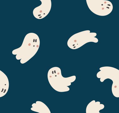 Koyu mavi, lacivert arka planda güzel el çizimi krem hayaletlerin kusursuz deseni. Basit vektör düz tasarımı.
