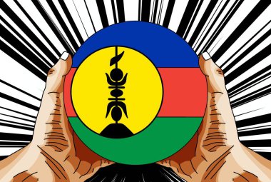 New Caledonia national flag, 3d illustration of a hand holding a round flag, comic background, pop art clipart