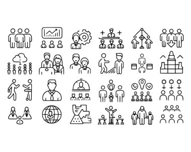 İş adamları ve kurumsal yönetim ince çizgi simgesi seti