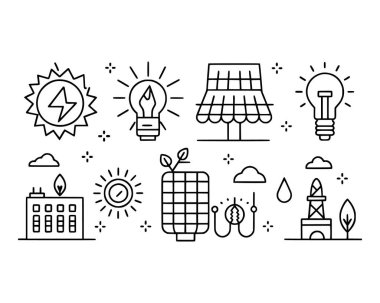 Güneş enerjisi hakkında çizgi simgeleri