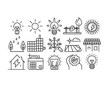 Güneş enerjisi hakkında çizgi simgeleri