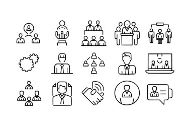 Seminer, röportaj, konferans, takım, beyin fırtınası, web simgesi seti