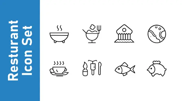 Restoran ikonu seti. Yiyecekler. balık, fincan, kahve, koyun eti, tavuk, pirinç, pirinç