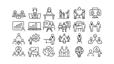 Eğitim, koçluk, akıl hocalığı, eğitim, toplantı, konferans, takım çalışması, simgeler ayarlandı.