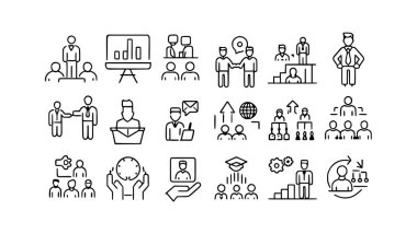 Eğitim, koçluk, akıl hocalığı, eğitim, toplantı, konferans, takım çalışması, simgeler ayarlandı.