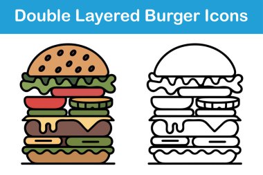 Çift Katmanlı Burger Simgeleri Vektör Gıda Yığını Çizimi