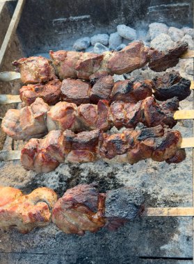 Açık barbeküde yanan kömürlerin üstünde kızartılmış domuz eti parçalarıyla dolu şişlerin yakın çekimi. Geleneksel açık hava yemekleri ve dumanlı lezzet kavramı