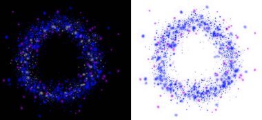 Şeffaf arkaplanda izole edilmiş parlak mavi, beyaz ve mor ışık parçacıklarının dairesel oluşumları.